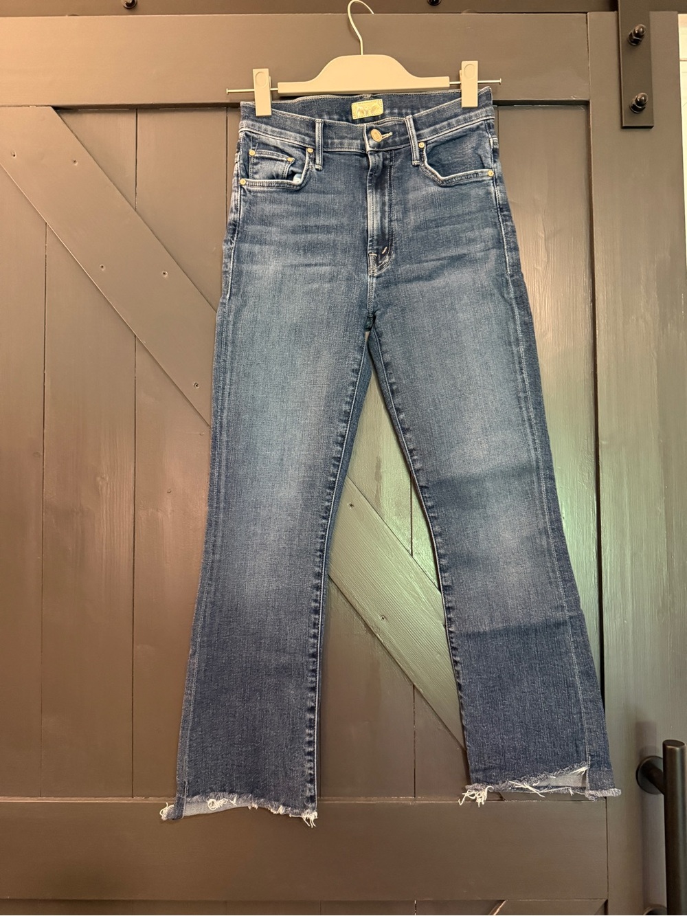 MOTHER Dark Blue High-Rise Flare Jeans with Raw Hem